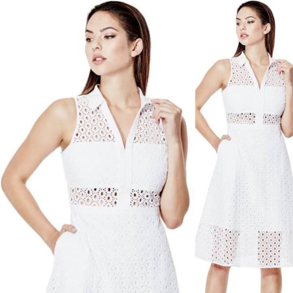 GUESS Sleeveless Collared Eyelet Dress Elise White Midi Open Cut Out SZ 6 - Picture 4 of 17